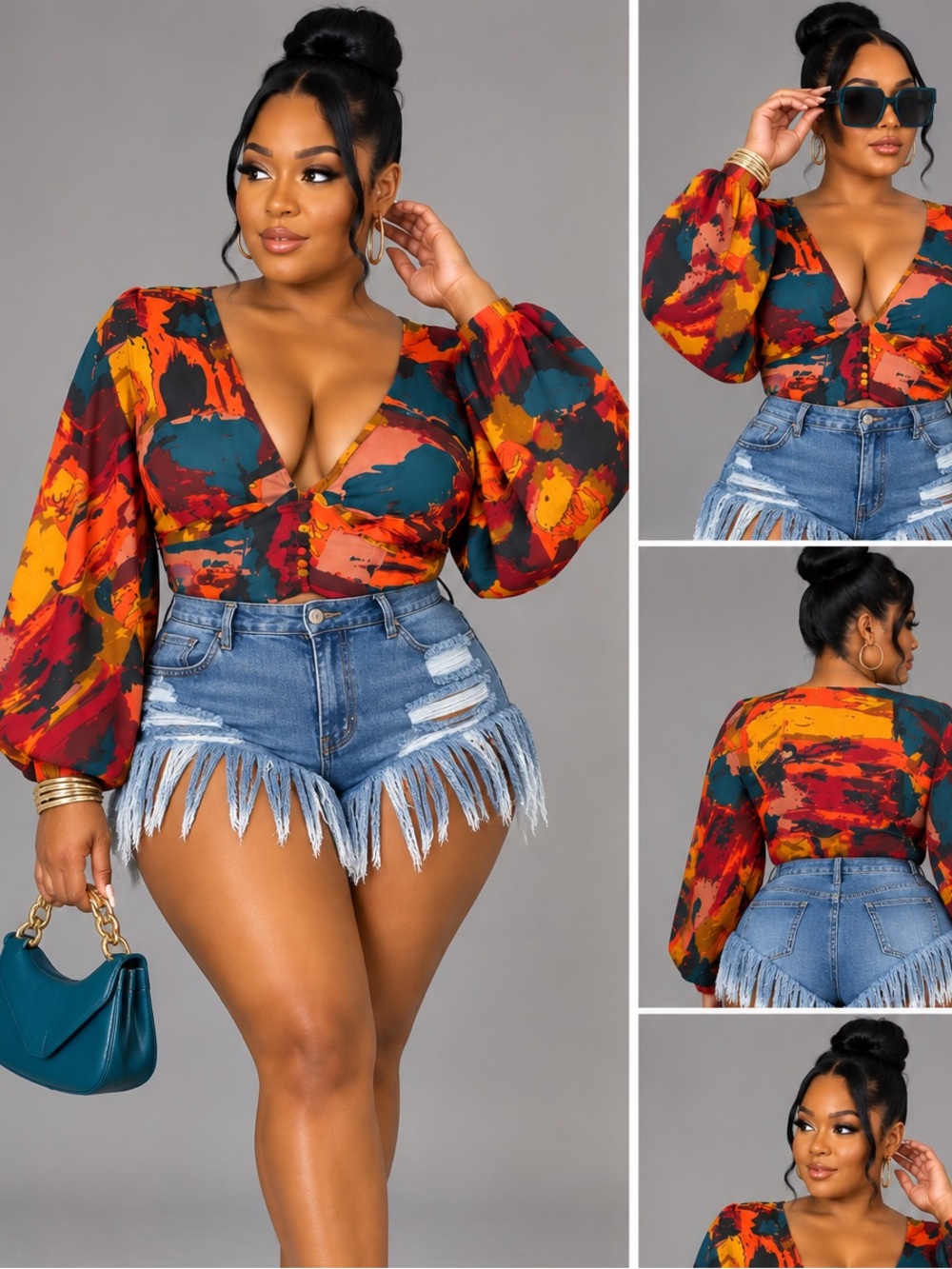 Deep V Long Sleeve Abstract Print Crop Top - Multicolor